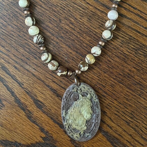 Handcrafted Brown (plum tint) & Cream Jasper Beaded Necklace with Horse Pendant - Picture 7 of 9
